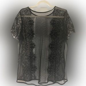 Black lace short sleeve sheer shirt